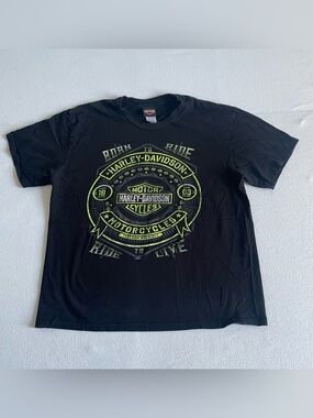 Harley Davidson Born To Ride Black Graphic T Double Sided Print Ohio USA Size XL